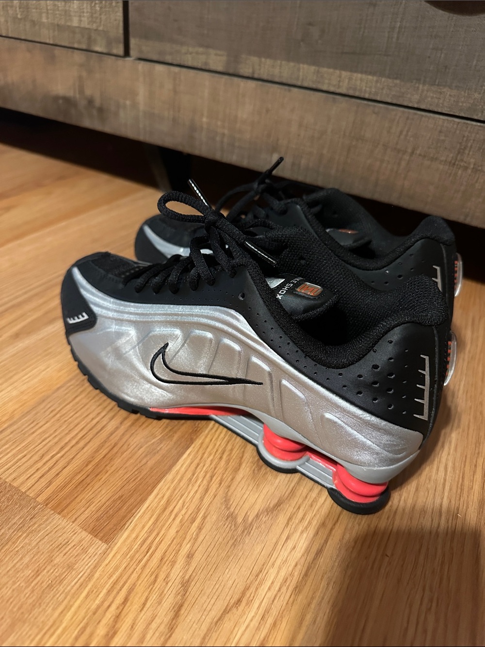 Nike SHOX Silver & Black Running Shoes with Coral Accents